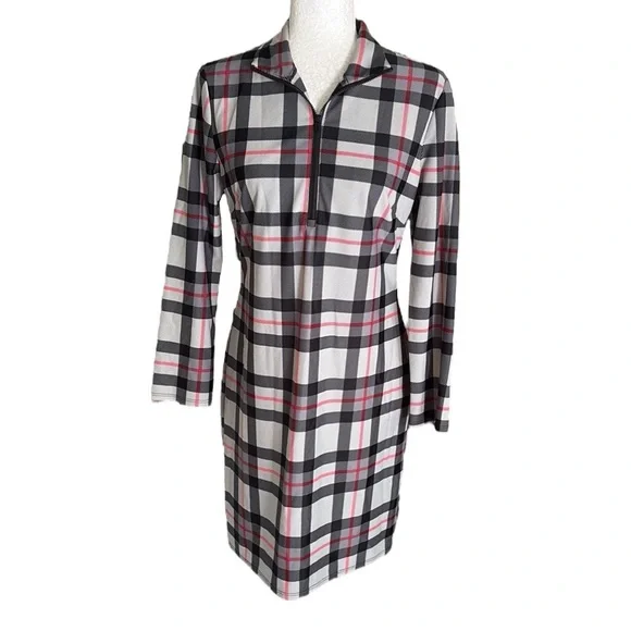Jude Connally Elodie Black Gray Red Plaid Print Quarter Zipper Mini Dress - S